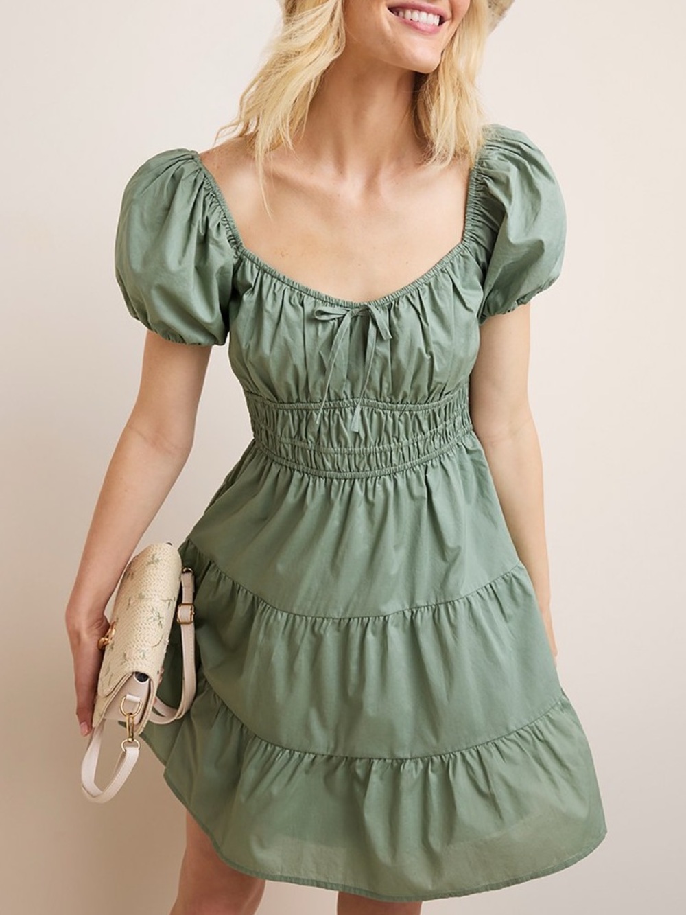 Sage Green Peasant Dress Milkmaid Corset Forest Fairy Cotton Puff Sleeve Mini